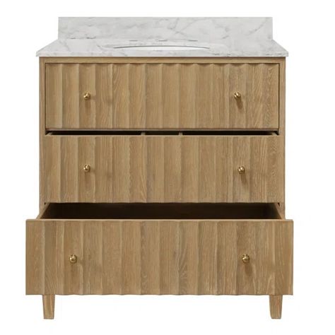 WorldsAway Cutler 36.5" Free Standing Single Bathroom Vanity with Carrara Marble Top | Wayfair Carrara Marble Backsplash, Oak Bathroom Vanity, Oak Bathroom, Cerused Oak, Marble Backsplash, Porcelain Sink, Bathroom Vanities For Sale, Single Sink Bathroom Vanity, Brass Knobs