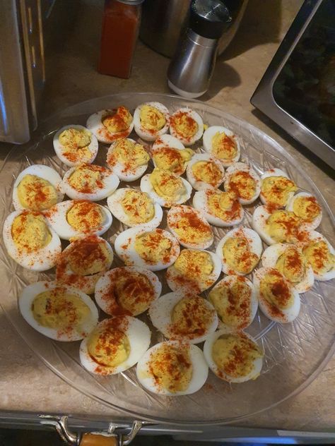 Devil eggs Deviled Eggs Aesthetic, Devils Eggs, Cloud Eggs, Devil Eggs, Deviled Egg, Thanksgiving Sides, Book Aesthetics, Deviled Eggs, School Lunch