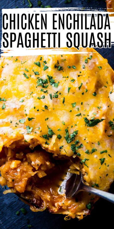 Chicken Enchilada Spaghetti Squash, Chicken Enchilada Spaghetti, Enchilada Spaghetti Squash, Enchilada Spaghetti, Tender Baked Chicken, Tasty Oven, Keto Pasta Recipe, Roasted Spaghetti Squash, Stuffed Spaghetti Squash