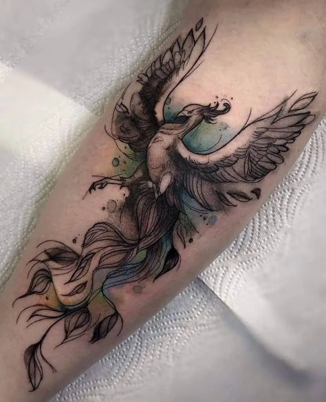 169 AMAZING PHOENIX TATTOOS: Meanings, Tattoo Ideas & Tattoo Designs - TATTOOGOTO Phoenix Tattoo For Women, Phoenix Tattoo Arm, Tattoo For Women Ideas, Watercolor Phoenix Tattoo, Phoenix Tattoo Sleeve, Phoenix Feather Tattoos, Tatuaje Cover Up, Phoenix Tattoo Feminine, Small Phoenix Tattoos