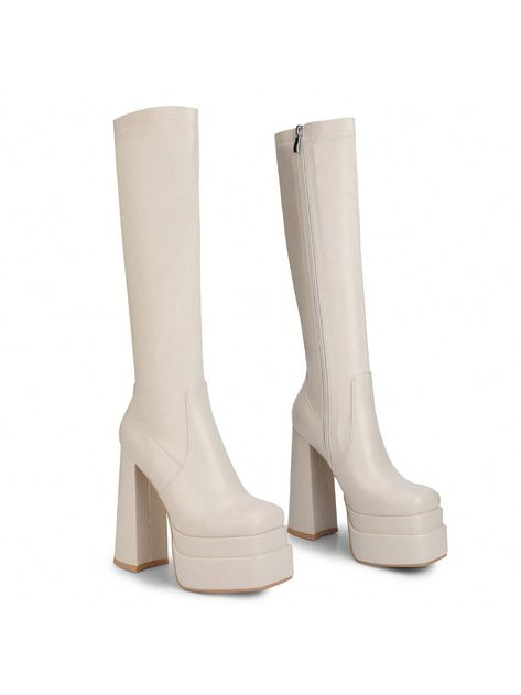 ISNOM Stacked Platform Knee High Boots For Women With High Chunky Heel, Gogo Boots For Women With Square Toe Side Zipper Stretch BootI discovered amazing products on SHEIN.com, come check them out! Platform Knee High Boots, Gogo Boots, How To Stretch Boots, Boots For Women, Chunky Heel, Chunky Heels, High Boots, Knee High Boots, Side Zipper