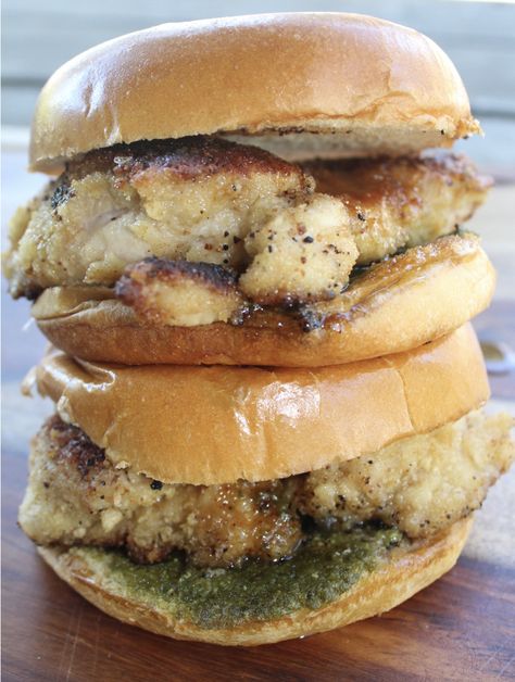 Pesto & Hot Honey Crispy Chicken Sandwich Honey Crispy Chicken, Biscuit Breakfast Sandwich, Honey Butter Chicken Biscuit, Fried Chicken Batter, Crispy Chicken Sandwich, Biscuit Breakfast, Chicken Biscuit, Chicken Batter, Honey Butter Chicken