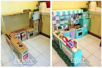 Cardboard Kitchen, Cardboard Play, Carton Diy, Kitchen Sets For Kids, Box Crafts, Play Kitchens, Cardboard Box Crafts, Diy Play Kitchen, Old Boxes