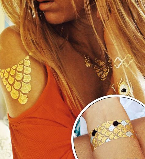 These fishscale flash tattoos make it easy to transform into a blinged-out mermaid (via @POPSUGARBeauty) // #halloween Tattoo Mermaid, 7 Tattoo, Halloween Beauty, Flash Tattoos, Mermaid Tattoo, Mermaid Tattoos, Popsugar Beauty, Mermaid Costume, Mermaid Scales