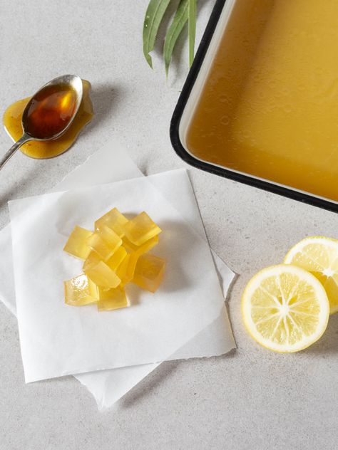 Honey Lemon & Ginger Gummies | Beechworth Honey Ginger Gummies, Vegetable Bake Recipes, Gelatin Powder, Homemade Gummies, Vegetable Bake, Honey Uses, Ginger Honey Lemon, Ginger And Lemon, Syrup Recipes