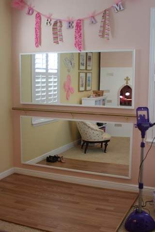 Fun, simple way to add a ballet/dance room downstairs! The girls would DIE! Ballet Bedroom, Dance Bedroom, Dance Mirror, Dancing Room, Ballerina Bedroom, Ballet Room, Ballerina Room, Home Dance Studio, Playroom Makeover