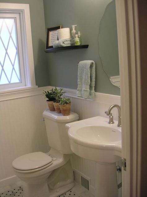 Great idea for a small bath Silver Mist Sherwin Williams, Half Bathroom Ideas, Black Wainscoting, Wainscoting Stairs, Gold Toilet, Painted Wainscoting, Wainscoting Bedroom, Classic Bathroom Design, Wainscoting Bathroom