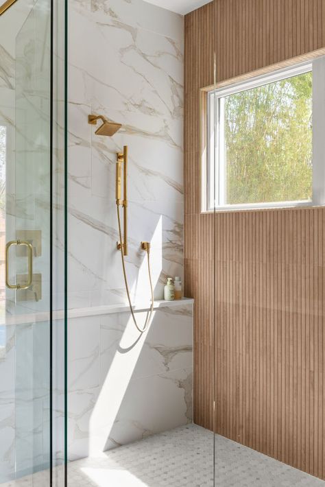 Slatted Wood Porcelain Tile Slatted Wood Porcelain Tile Slatted Wood Porcelain Tile #SlattedWoodPorcelainTile #Tile Wood Shower Walls, Wood Tile Shower, Faux Wood Tiles, Wallpaper Design Ideas, Wood Tile Bathroom, Bathroom Lighting Ideas, New House Bathroom, Tub Ideas, Soaker Tub