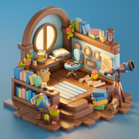 3D Isometric Scene | Adventurer's Study Room on Behance Isometric Room, 3d Art Projects, 3d Isometric, 3d Scene, Environment Props, 3d Blender, Casual Art, Props Art, 3d Concept