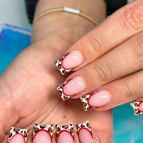 Kelsey March on Instagram: "🐆♥️ Kat Slayyyter ♥️🐆 Inspo from the very talented @taylormadenailsx ✌🏼😍 #nailinspo #leopardnails #nailsofig #nailtrend #nailart #nailartinspo #trendingnails" Nail Inspo Animal Print, Leopard Print Nails With Cherry, Leopard Print And Red Nails, Cheetah Nails With Red, Y2k Nails Red, Cheetah Print Acrylic Nails, Leapord Nails Acrylic, Sqaure Nails, Belle Nails