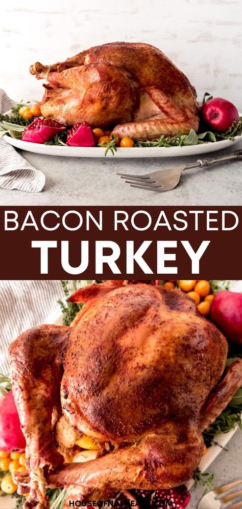 This Bacon Roasted Thanksgiving Turkey recipe makes an incredibly flavorful, moist bird that is the perfect centerpiece for your holiday meal! The smoky bacon and spices are a wonderful change from the traditional butter & herb approach and will have everybody singing your praises come Thanksgiving Day! | bacon roasted turkey | roasted bacon with turkey | turkey recipes roasted with bacon | best thanksgiving turkey recipes | how to roast a thanksgiving turkey | how to cook a thanksgiving turkey Bacon Turkey Thanksgiving, Roasted Thanksgiving Turkey, Turkey Roasted, Turkey Apple, Butter Herb, Perfect Roast Turkey, Easy Turkey Recipes, Roast Turkey Recipes, Best Thanksgiving Recipes