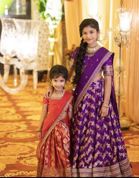 Banaras Lehanga Designs, Black Pattu Lehenga Half Saree, Langa Voni Half Saree For Kids, Half Saree For Kids Girl, Half Saree Lehenga For Kids, Kids Langa Voni, Kids Half Saree Designs, Half Saree For Kids, Indian Dresses For Kids