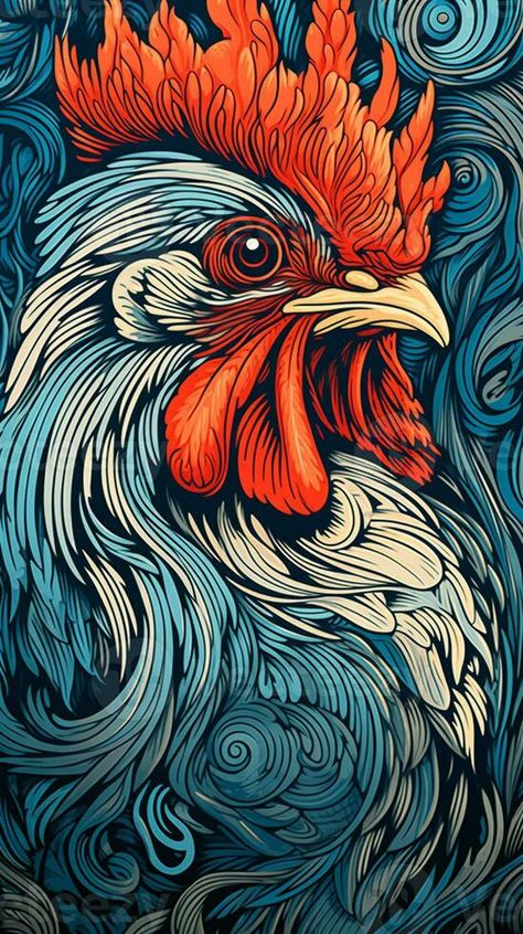 there is a rooster with a red head and a blue background. generative ai. Rooster Photography, Chicken Craft, Rooster Images, Rooster Illustration, Chicken Drawing, Mom Tattoo, Chicken Crafts, Rooster Art, Art Nouveau Tiles