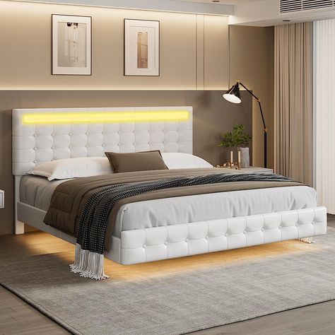 Built-in LED lights bed frame: The RGB LED lights on the headboard and around 3 sides of the bed frame make the bed useful and unique. This high quality lights are super bright, has multi color or single, a lot of different setting, wave, brightness and can also be controlled by music. It comes with a remote or get the APP for the bed frame light settings. The LED light bed will create a beautiful ambience in your bedroom. Bed With Lights, Modern Upholstered Beds, Tufted Upholstered Bed, Floating Bed Frame, Led Beds, Bed With Led Lights, Led Bed Frame, Modern Bed Frame, Floating Bed