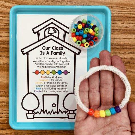 If you are reading Our Class is a Family with your students, then you will love this activity. Create a fun bracelet where each bead represents a different important part of being in a family. This set comes with printables that can be used as posters or stapled into a book as well as a ... Read more Our Classroom Is A Family Bracelet, Family Projects Kindergarten, Pre K School Activities, Class Is A Family Bracelet, Pre K Book Activities, Our Family Activities Preschool, Activities For Our Class Is A Family, Special Needs Activities Teaching, Our Class Is A Family Craft Kindergarten