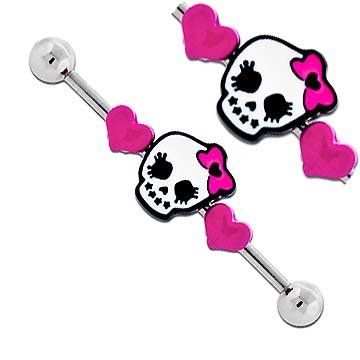 Girly Pink Hearts Goth Punk Skull w/ bow Surgical Steel Industrial Barbell bar body jewelry piercing ring Earring 32mm & 35mm & 38mm 14g Industrial Barbell Jewelry, Industrial Bar Piercing, Industrial Bar Earring, Industrial Earrings, Industrial Piercing Jewelry, Barbell Piercing, Industrial Piercing, Industrial Barbell, Piercing Ring