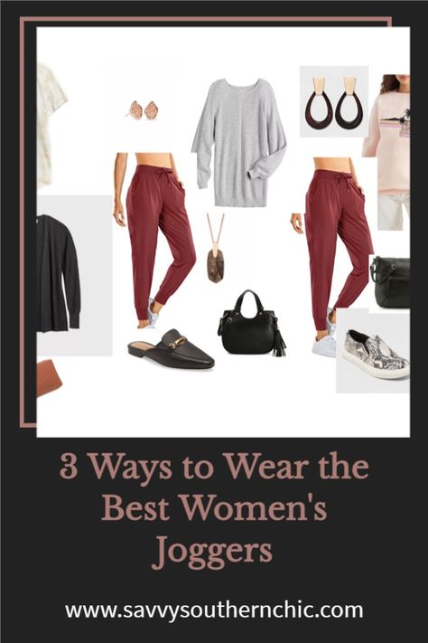 Find out about the best women's joggers that retail for just $12 and some change and see three ways to style them dressy casual, athleisure and casual. #casualstyle Burgundy Joggers Outfit Women Casual, Maroon Joggers Outfit Women, Burgundy Joggers Outfit Women, Maroon Joggers Outfit, Red Joggers Outfit For Women, Burgundy Joggers Outfit, Red Joggers Outfit, Joggers Outfit Women, Burgundy Joggers