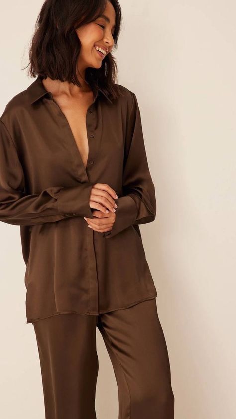 Bridesmaid Suits, Satin Pjs, Bridesmaid Satin, Brown Shirt, Brown Satin, Brown Suits, Brown Coffee, Satin Shirt, Satin Material