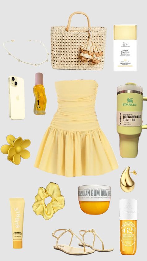 yellow outfit for summer 💛✨ Pastel Yellow Outfits, Yellow Aesthetic Outfits, Cute Yellow Outfits, Yellow Aesthetic Outfit, Green And Yellow Outfit, Summer Outfits Yellow, Butter Yellow Outfit, Yellow Outfit Aesthetic, Outfit Ideas Yellow