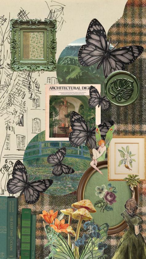 Collage Nature, Green Collage, Green Wallpapers, Green Academia, Vintage Butterflies, Wall Collage Decor, Vintage Style Wallpaper, Fairy Wallpaper, Collage Drawing