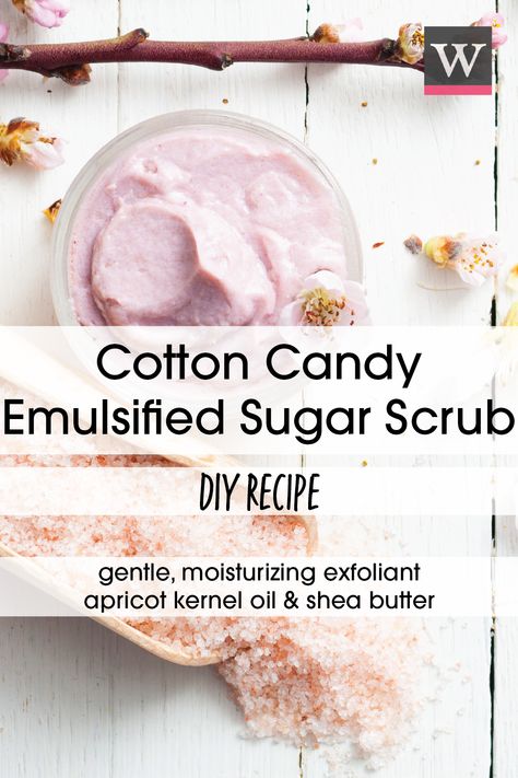 Shea Butter Body Scrub Diy, Emulsified Body Butter Recipe, Foaming Sugar Scrub Recipe, Emulsified Sugar Scrub Recipe, Whipped Sugar Scrub Recipe, Diy Cotton Candy, Shea Butter Body Scrub, Sugar Scrub Homemade Recipe, Scrub Recipe Diy