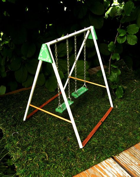 Miniature Swing // Dollhouse Swing Set // Miniature Playground Miniature Playground, Playground Swings, Dollhouse Garden, Diy Back To School, Lawn Furniture, Faeries Gardens, Garden Park, Barbie House, Barbie Furniture