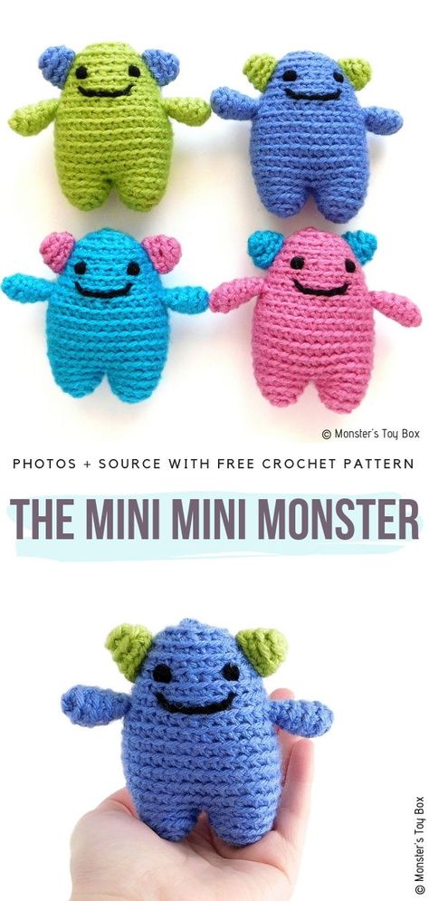 The Mini Mini Monster Free Crochet Pattern    #amigurumi Easy Crochet Monster Pattern Free, Crochet Purple Amigurumi, Crochet Stuffed Toys, Crocheted Amigurumi, Crochet Keychains, Crochet Pocket, Crochet Monsters, Cozy Crochet Patterns, Mini Monster