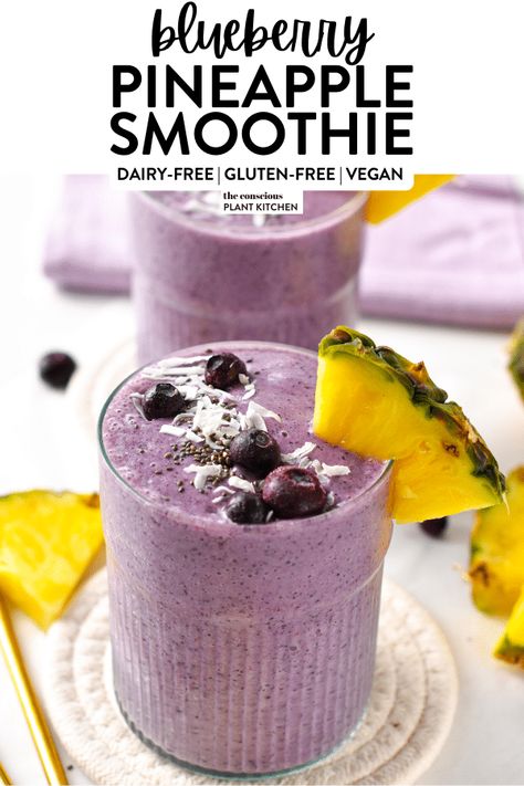 This Blueberry Pineapple Smoothie is the most delicious and refreshing summer smoothie with antioxidants. You will love the combination of sweet blueberries and the tropical flavors of pineapple Blueberry Pineapple Smoothie, Pineapple Shake, Blueberry Drinks, Pineapple Banana Smoothie, Free Smoothie Recipes, Blueberry Smoothie Recipe, Mango Pineapple Smoothie, Recipes Using Bananas, Peach Blueberry