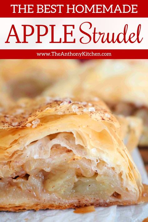 Easy Homemade Apple Strudel with a phyllo crust is perfect for fall baking, brunches, big family breakfast, and a sweet tea time snack! Make this easy apple dessert that absolutely everyone loves! #applestrudel #applerecipes #appledessert #breakfast #brunch #strudel #filodough #phyllodough Easy Apple Strudel Recipe, Apple Strudel Recipe, Easy Apple Strudel, Phyllo Dough Recipes, Strudel Recipes, Apple Desserts Easy, Apple Recipes Easy, Cake Mug, Apple Strudel