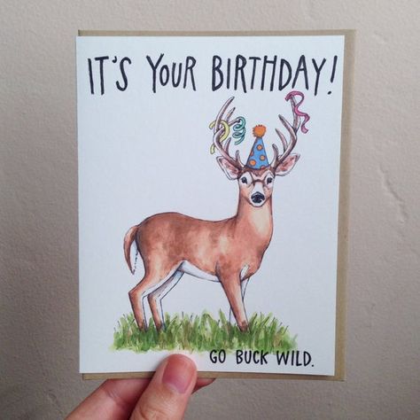 Tell that friend, family member, significant other, or whomever to let loose and go buck wild for their birthday! This buck has his hat on and is ready to party.Original watercolor illustration printed on110 lb. premium bright white paper4.25 x 5.5" cardBlank inside for your messageComes with a teal paper envelope in a protective cellophane sleeve! Happy Birthday Hunter Funny, Deer Cards, Birthday Cards For Guys, Birthday Card Illustration, Happy Birthday Hunting, Cute Animal Birthday Cards, Wildlife Happy Birthday, Watercolor Birthday Card Man, Hunting Birthday Card