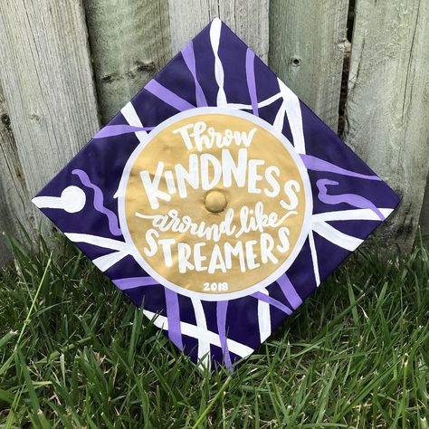 JMU grad graduation cap mortar board Throw kindness around like streamers purple gold Go Dukes James Madison University Mortar Board, James Madison University, James Madison, Grad Cap, Graduation Cap, Purple Gold, University, Map, Purple