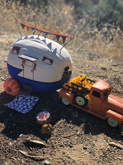 Carveless Pumpkin Decorating, Camping Pumpkin Decorating, Contest Pumpkin Winners, Pumpkin Camper Painted, Camper Pumpkin Painting Ideas, Most Creative Pumpkin Decorating, Pumpkin Painting Ideas Contest, Painted Pumpkin Contest, Camper Pumpkin