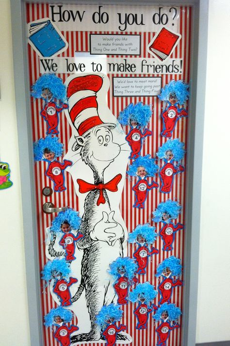 Our kindergarten classroom door inspired by an idea I saw on Pintrest. Added a revised poem and a fantastic Cat in the Hat from School Box! Dr Seuss Classroom Door Decorations, Kindergarten Classroom Door, Dr. Seuss Door, Doctor Suess Classroom, Dr Seuss Classroom Theme, Dr Seuss Classroom Door, Dr Seuss Bulletin Board, Dr Seuss Classroom, Dr Seuss Activities