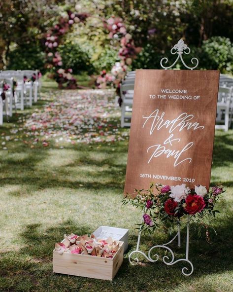 Aradhna + Paul ❤️ A beautiful spring wedding from last year featuring our honey brown wood with hand painted lettering 🌸  Photography @mitchpohl  Venue @miltonparkcountryhouse  Flowers @twisted_stems Engagement Signage, Wedding Menus Design, Beach Wedding Signs, Welcome To Our Wedding Sign, Rustic Beach Wedding, Engagement Signs, Welcome Board, Wedding Send Off, Flower Confetti