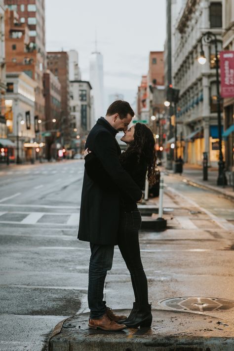 City Prenup Shoot, Couples Photoshoot Outfits City, New York City Engagement Photos Winter, Couples Street Photoshoot, Classy Winter Engagement Photos, Downtown Couple Photoshoot Winter, City Prenup Engagement Shoots, Diy Engagement Photoshoot, Downtown Engagement Photos Winter