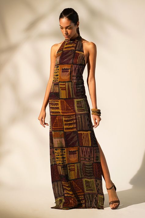 Shop for these amazing collections of Multi Color Sequin Pure Georgette Print Abstract Halter Neck Gown For Women by Nikita Mhaisalkar online at Aza Fashions. Halter Neck Gown, Cabello Afro Natural, Mode Pop, Gown For Women, Halter Neck Maxi Dress, Printed Gowns, Halter Neck Dress, Mode Boho, Sleeveless Gown