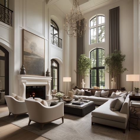 Living Room Black And White Ideas, Open To Below Living Room, Seating Around Fireplace, Four Chair Conversation Area, 2 Story Fireplace Ideas, Living Room Ideas Elegant, Luxury Living Room Designs Classy, Rh Living Room, White Picket Fence Ideas