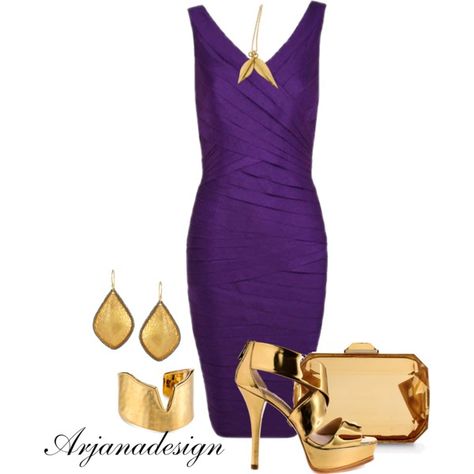 Gold & Purple, created by arjanadesign on Polyvore Purple And Gold Outfit Ideas, Purple And Gold Outfit, Gold Outfit Ideas, Dress With Gold Accessories, Clothes Combinations, Fav Color, Purple Dresses, Purple Garden, Gold Outfit