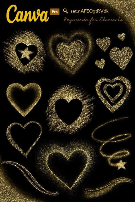 Gold glitter decor Hearts Canva elements 6 #c Y2k Frame, Canva Elements Keyword Aesthetic, Canva Project, Canva Free Elements, Canva Text, Gold Element, Text Codes, Canva Graphics, Canva Planner