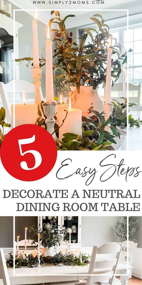 Learn how to style a neutral centerpiece for your dining table with our 5 simple ideas. Tips to use no matter what the season! Greenery and candles are the stars of this easy tablescape that will take any space from winter through spring. Style also can be used in summer and fall seasons. Faux olive stems and garland add lots of texture and greenery to the table. Pillar and taper candles in white gives the table interest in varying heights. Wood tray and linen table runner create a stable base. Candlestick Centerpiece Dining Room, Dining Table Styling Centerpieces, Long Table Centerpieces For Home, Decorate Dining Room, Easy Tablescape, Dining Table Decor Centerpiece, Everyday Centerpiece, Transitional Dining Table, Neutral Dining Room