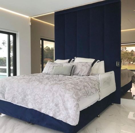 Custom wall panelling adds the ultimate luxury feel to your bedroom. This is our Sky-High Bedhead in Genova Sapphire Velvet! Navy Blue Bedroom Decor, Room Decor Ideas For Couples, Narrow Bedroom, Blue Headboard, Navy Blue Bedrooms, Glamourous Bedroom, Bedroom Decor For Small Rooms, Blue Bedroom Decor, Bedroom Decor For Couples