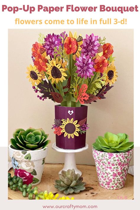 A pop-up card is always a fun and unique gift, but did you know that you can also give a beautiful pop-up paper flower bouquet? #ourcraftymom #popuppaperflowerbouqets #lovepop Diy Pop Up Flower Bouquet, Crafting Ideas For Kids, Popup Paper, Pop Up Flower Bouquet, Thrifty Style, Pop Up Flower Cards, Deco Mesh Wreaths Tutorials, Sunflower Crafts, Bouquet Box