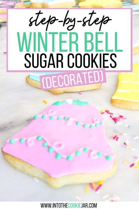 These decorated winter bell cookies are super easy to make and one of the best decorated Christmas cookie recipes. Learn how to make bell cookies, as well as how to make royal icing and how to use royal icing to decorate bell cookies for the holidays. Bell Cookies, Best Royal Icing Recipe, Royal Recipe, Christmas Sugar Cookies Decorated, Icing Recipes, Cookies With Royal Icing, Christmas Cookie Recipes, Recipes Learn, Royal Icing Recipe