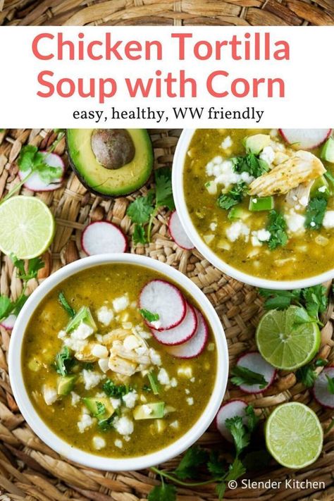 Authentic Chicken Tortilla Soup, Soup Made With Chicken, Chicken Breast Soup, Corn Poblano, Lunch Soup, Slender Kitchen, Poblano Peppers, Chicken Tortilla Soup, Chicken Tortilla