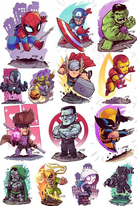 Marvel Comics. Comic Book Artwork • Marvel Characters by Derek Laufman. Follow us for more awesome comic art, or check out our online store www.7ate9comics.com Chibi Marvel, Avengers Cartoon, Marvel Cartoons, Karakter Marvel, Marvel Tattoos, Marvel Drawings, Marvel Artwork, Comic Book Artwork, Pahlawan Marvel