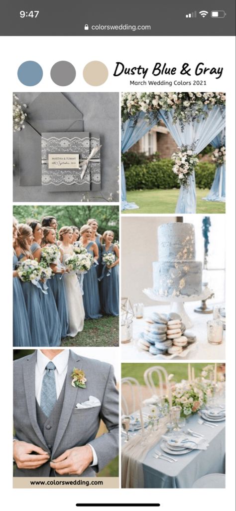 Dusty Blue And Dark Grey Wedding, Blue Grey Wedding Colors, Dusty Blue And Grey Wedding, Blue And Grey Wedding, Blue Gray Wedding, Blue And Gray Wedding, March Wedding Colors, Grey Wedding Theme, Wedding Color Palettes