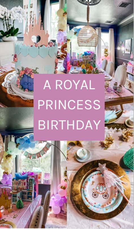 A Royal princess birthday party Princess Party Dress Up, Four Year Old Princess Party, Royal 5ness Party, Princess Party Three Year Old, Royal Birthday Theme, Her Royal Fiveness Birthday Decorations, Royal Themed Birthday Party, Princess Birthday Theme, Birthday Room Surprise