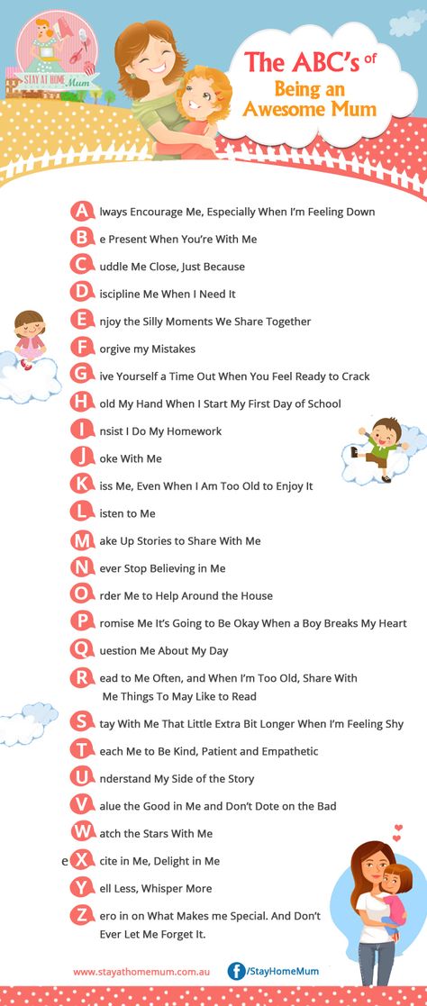 The ABCs of being an awesome Mum. Just a reminder of the little things that we can do to show our children how much we love them. Stay At Home Mum, Parenting Help, Better Parent, Parenting 101, The Abc, Parenting Skills, Mommy Life, Family Parenting, Good Parenting