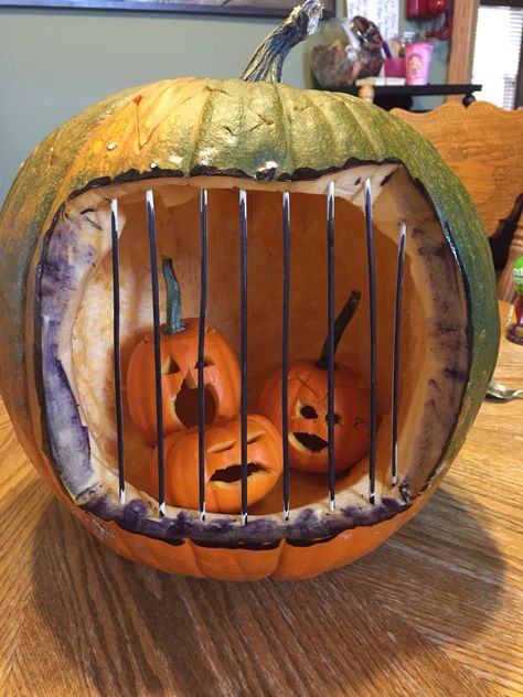 Mess up?  Pumpkin save: jack-o-lantern jail. Halloween Pumpkin Crafts, Creative Pumpkin Decorating, Cute Pumpkin Carving, Up Pumpkin, Pumpkin Decorating Contest, Amazing Pumpkin Carving, Easy Pumpkin Carving, Scary Pumpkin Carving, Pumpkin Contest