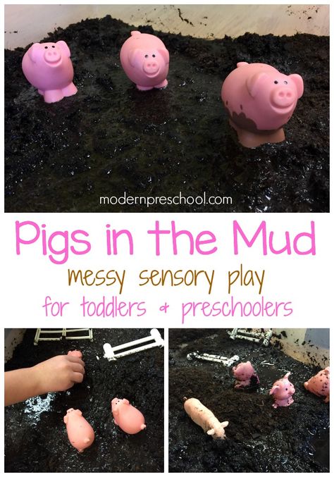 Simple pigs in the mud messy sensory play for toddlers & preschoolers - Modern Preschool Mud Sensory Bin, Pigs In The Mud, Messy Sensory Play, Modern Preschool, Farm Lessons, Sensory Play Toddlers, Farm Animals Activities, Farm Theme Preschool, Farm Unit